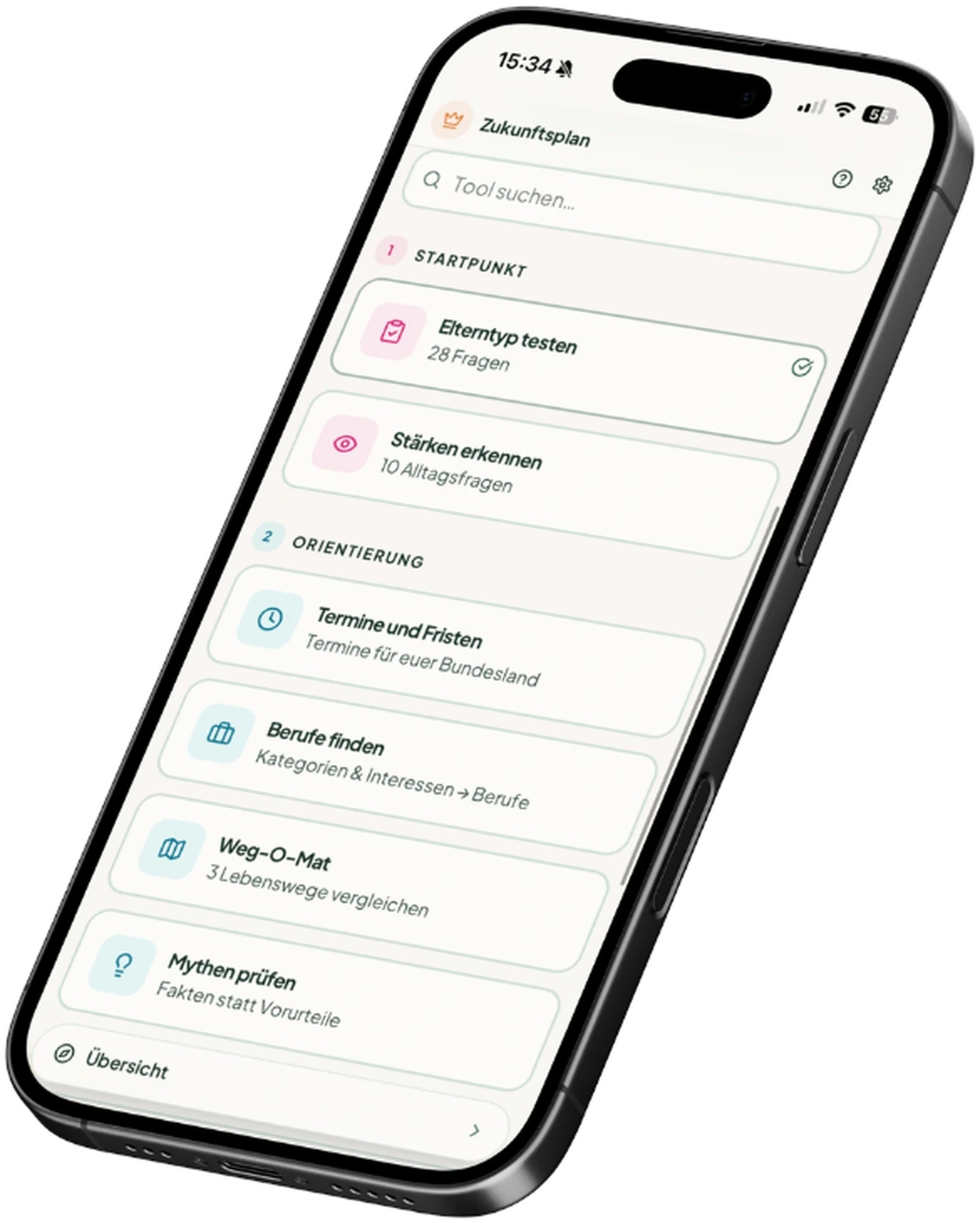 Der Zukunftsplan am Handy: Bereiche Startpunkt und Orientierung mit Elterntyp testen, Stärken erkennen, Termine und Fristen, Berufe finden und Weg-O-Mat