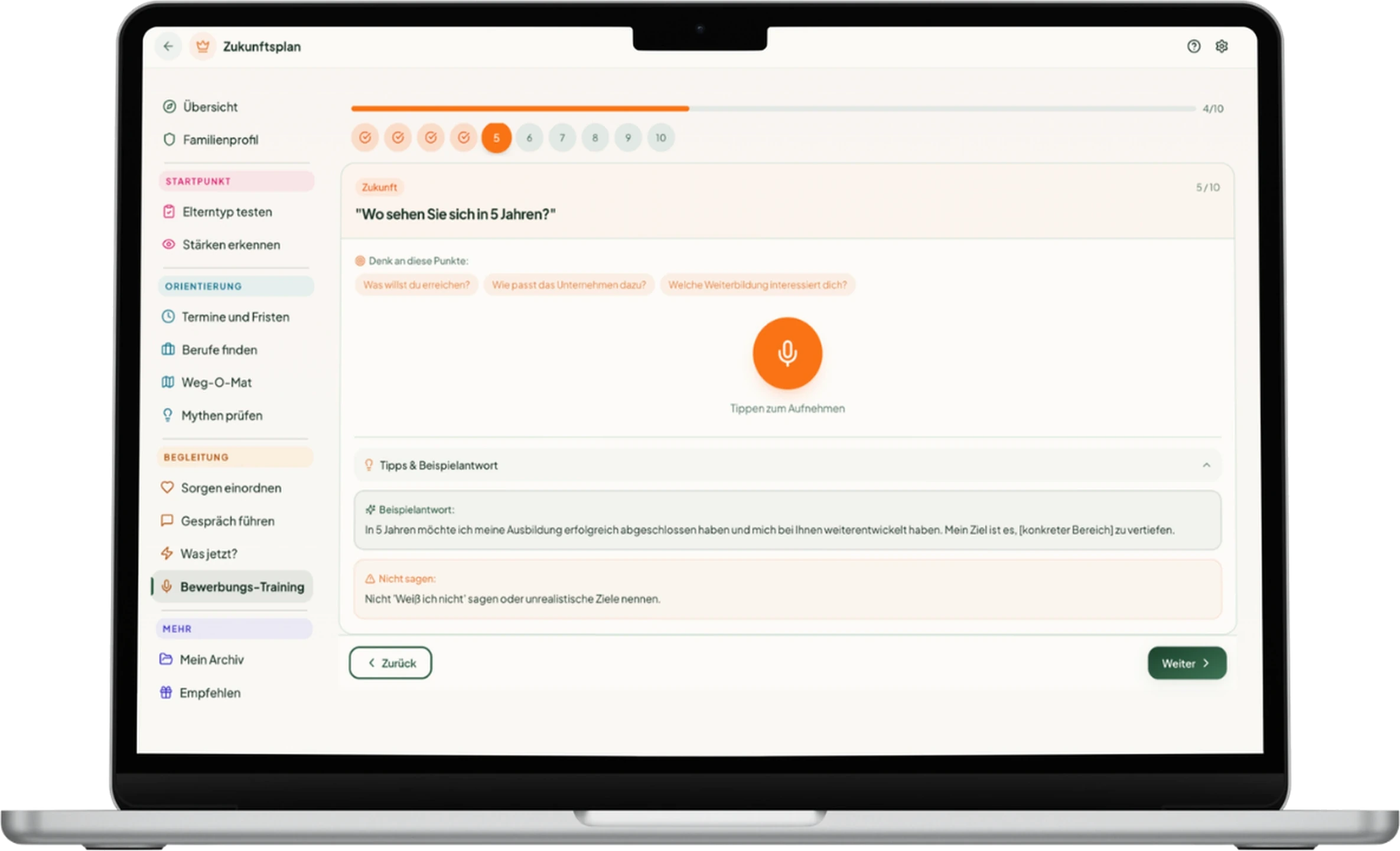 Bewerbungs-Training mit Übungsfrage, Aufnahme-Button und Beispielantwort
