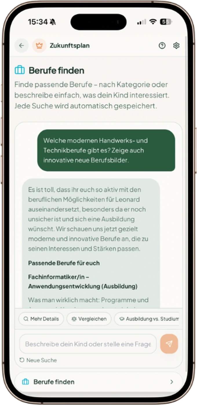 Zukunftsplan am Handy: Tool Berufe finden mit passenden Ausbildungsberufen